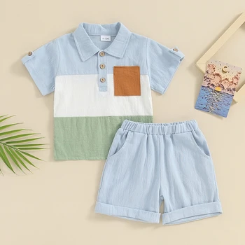 Комплекты летних шорт BeQeuewll для маленьких мальчиков Топы контрастного цвета с короткими рукавами и отворотами и комплекты однотонных шорт