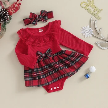 Рождественский комбинезон для новорожденных девочек, платье-пачка в клетку с рюшами, комбинезон для новорожденных, осенне-зимние комбинезоны, комплект с повязкой на голову
