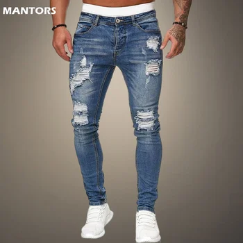 Винтажные узкие джинсы, мужские рваные однотонные джинсовые брюки, хип-хоп стрейч-брюки-карандаш, весенне-летние облегающие повседневные мужские костюмы