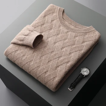 Осенне-зимний новый модный мужской деловой кашемировый свитер из 100% чистой шерсти большого размера с круглым вырезом