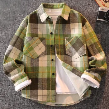 Рубашки поло в клетку с длинными рукавами для мальчиков, осенне-зимние новые детские утепленные топы с бархатной подкладкой, студенческие пальто, детская одежда