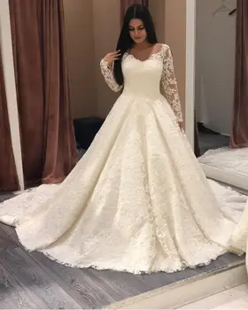 Элегантное кружевное свадебное платье с длинным рукавом для невесты с круглым вырезом, свадебные платья с аппликацией, свадебное платье для свадьбы