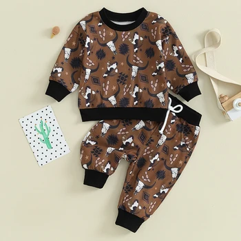 Комплект одежды для маленьких мальчиков в западном стиле из 2 предметов, толстовка с коровьим принтом, пуловер, топ, брюки с эластичной резинкой на талии