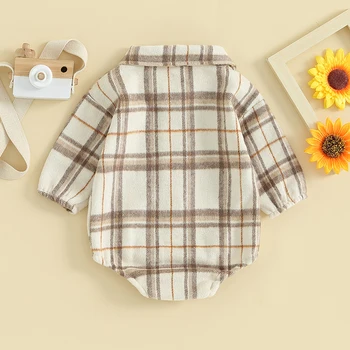 Фланелевый комбинезон в клетку для новорожденного мальчика, рубашка с лацканами и пуговицами спереди, боди большого размера, осенне-зимняя одежда