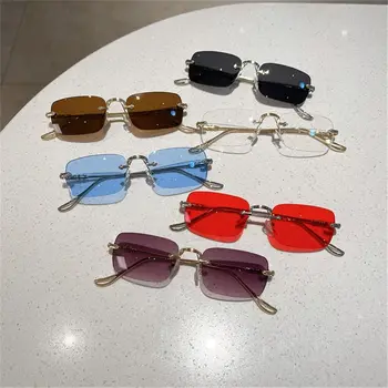 Металлические прямоугольные солнцезащитные очки, модные очки без оправы UV400 винтажных оттенков для женщин и мужчин