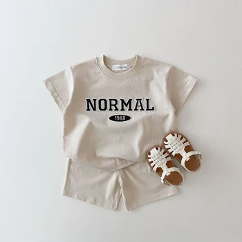 Летняя одежда для младенцев и малышей, детский комплект с коротким рукавом, футболка, хлопковый топ для дошкольного возраста + брюки, спортивный комплект из двух предметов для мальчиков