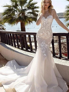 Иллюзионный халат невесты с высоким воротом, аппликации, свадебные платья русалки, элегантное вечернее платье длиной до пола, Vestidos De Novia