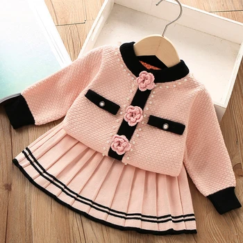 Костюм для маленьких девочек, модные комплекты для девочек, осень-зима, Элегантный вязаный свитер с объемными цветами, юбка, комплект из 2 предметов, наряд