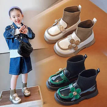 Модные ботинки Bottes для девочек, Носки и ботинки 2023, Новые детские однотонные плюшевые маленькие кожаные ботинки, Детская обувь среднего размера