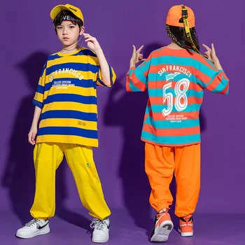 Разноцветная футболка в стиле Хип-хоп Для девочек, Полосатая футболка для мальчиков, Комплекты Одежды для Бега Трусцой, Детские Летние Уличные Танцевальные Костюмы С коротким Рукавом