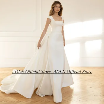 ADLN 2023 Свадебное Платье для Женщин Невесты с Коротким Рукавом И Квадратным Вырезом Простое Атласное Свадебное Платье со Съемной Юбкой Robe De Mariee