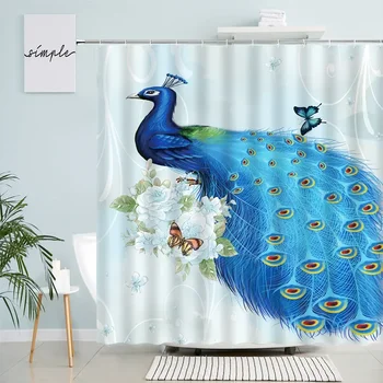 Набор занавесок для душа с бабочками и голубыми Павлинами, занавески для ванны из птичьих перьев в китайском стиле, полиэфирная ткань, Крючки для декора ванной комнаты