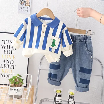 Персонализированная одежда для маленьких мальчиков от 12 до 18 месяцев, пуловер с мультяшным динозавром, Футболки с длинными рукавами, Топы + джинсы, 2 предмета детской одежды