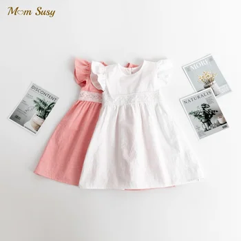 Хлопчатобумажное платье принцессы для маленьких девочек с кружевным поясом, Летнее платье для маленьких девочек с длинными рукавами, однотонная детская одежда 0-5 лет