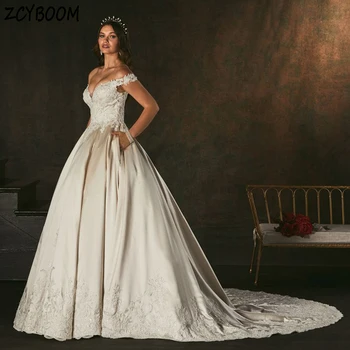 Элегантное белое свадебное платье без рукавов с V-образным вырезом и аппликацией с открытыми плечами, бальное платье 2024 года, свадебное платье со шлейфом длиной до пола
