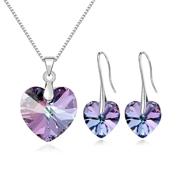 Роскошное модное посеребренное ожерелье с подвеской в виде сердца из фиолетового циркона, серьги, комплект ювелирных изделий для женщин, подарок на день рождения, Годовщину свадьбы