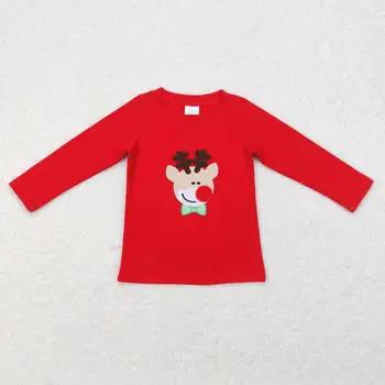 Оптовая Продажа Футболка для маленьких мальчиков с вышивкой Оленя, Топы с длинными рукавами, Детская толстовка, Хлопковый Пуловер для малышей, Рождественская красная рубашка для малышей