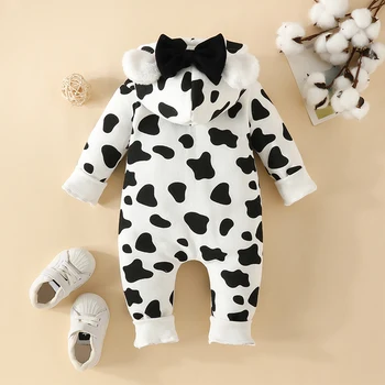 Комбинезон Для новорожденных девочек с ушками животных, боди с изображением коровы в виде сердца, осенне-зимний комбинезон с капюшоном и длинными рукавами, флисовый комбинезон с бантом