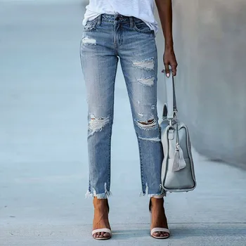 Женские эластичные Рваные потертые узкие джинсовые брюки с высокой талией, рваные джинсовые брюки для бега трусцой, женская весенне-осенняя одежда
