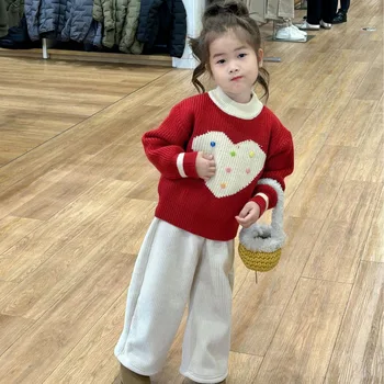 Корейский осенне-зимний комплект одежды из 2 предметов для маленьких девочек, Бархатный шар для волос, красный свитер, однотонные флисовые утепленные брюки, Детская одежда для девочек