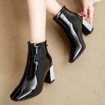 Женские короткие ботинки со стразами, осенние элегантные туфли на массивном каблуке, молнии сзади, с квадратным носком, легкие, на высоком каблуке, Bota Femininas