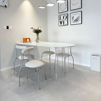 Подвесной обеденный стол с каменной плитой Для небольшой квартиры, Овальные вставки, Минималистичный Белый Прозрачный Обеденный стол в бесшумном стиле.