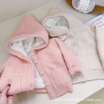 Плотная одежда с капюшоном для маленьких девочек, осенне-зимний свитер из овечьего плюша, куртка, милая куртка с капюшоном для девочек, детский шерстяной свитер, теплая куртка