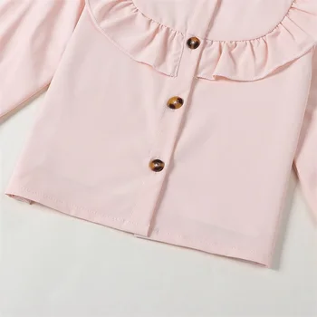Осенние наряды для девочек из 2 предметов, Розовые топы с длинными рукавами и оборками, комплект юбок с цветочным принтом и пуговицами