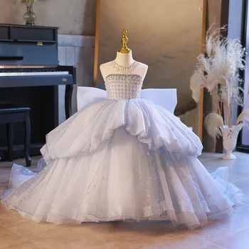 Бальное платье для девочек в цветочек с длинным шлейфом, праздничное платье принцессы с открытыми плечами, платье для первого причастия, 100% Реальное изображение
