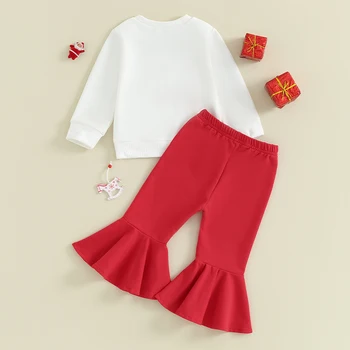 Осенние наряды для малышей и девочек, свитшоты с круглым вырезом и буквенным принтом Санта-Клауса, расклешенные брюки, Комплект рождественской одежды из 2 предметов