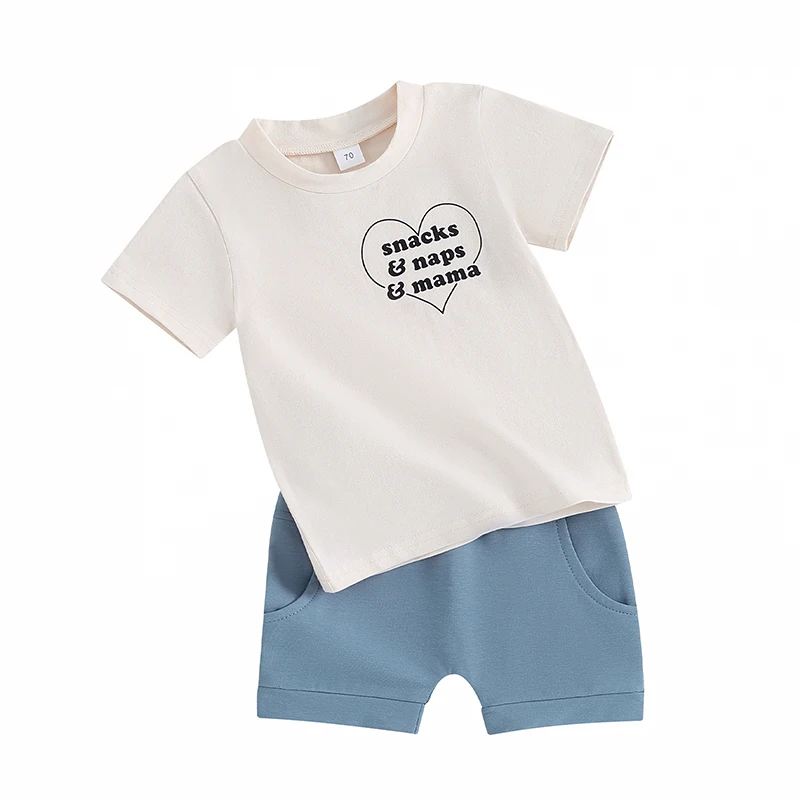 Одежда Для малышей, футболка с буквенным принтом, топы с короткими рукавами, однотонные шорты, комплект летней одежды для младенцев