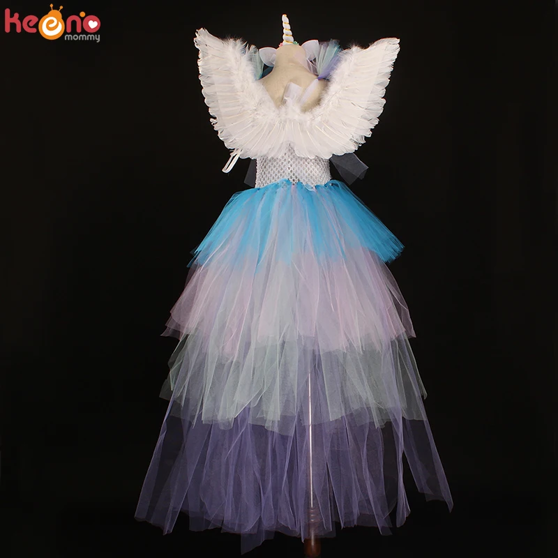 Пастельное радужное платье-пачка с единорогом для девочек, детский праздничный костюм феи, платье-пачка для пони на День рождения, Хэллоуин, платье-пачка со шлейфом